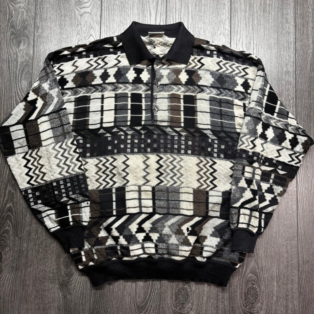 Nani Bon Italy Mens Vintage 100% Merino Wool Abstract Geometric Polo Sweater L